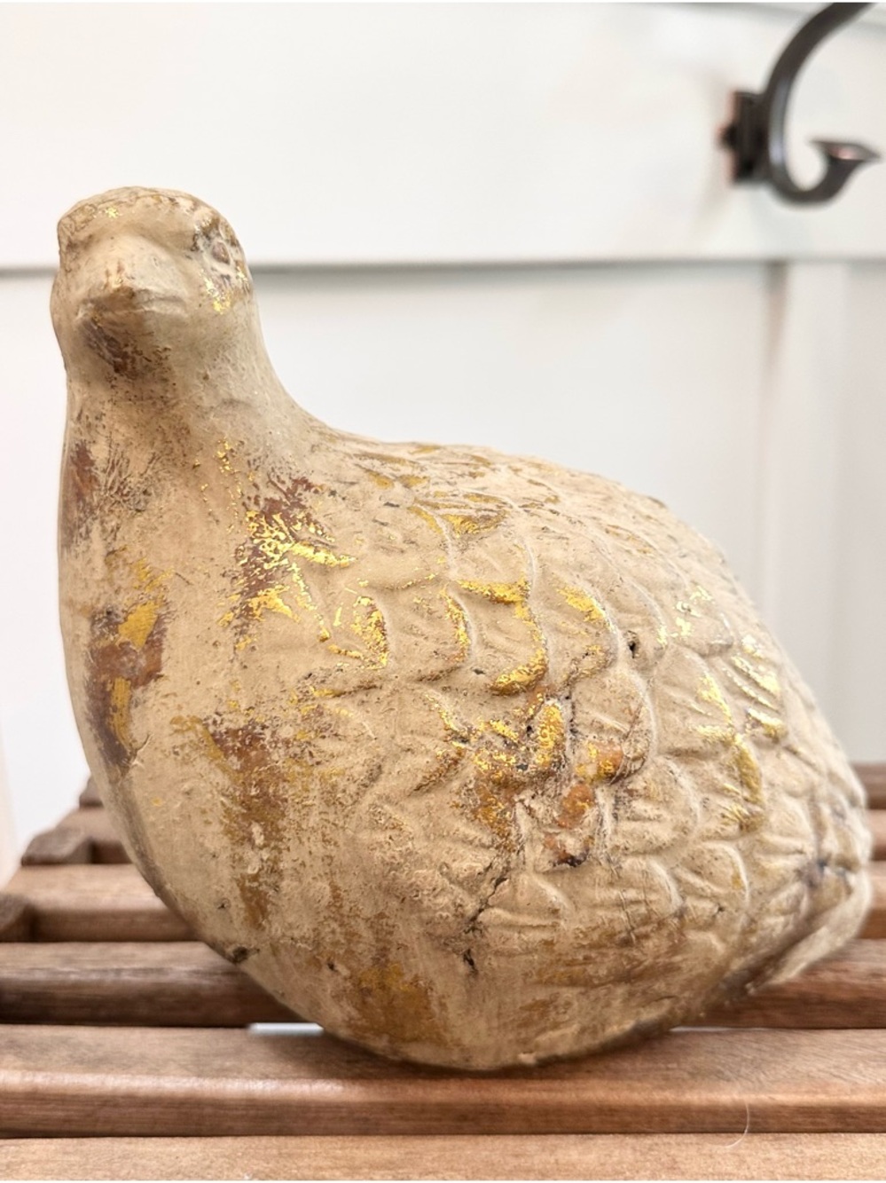 Vintage Decorative Stone Bird Figurine with Gold Accents Partridge Quail 8 X 8”